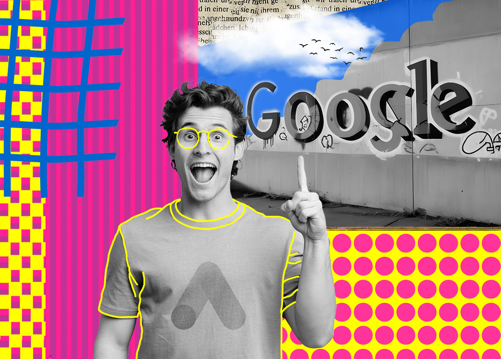 Hombre joven entusiasmado con Google